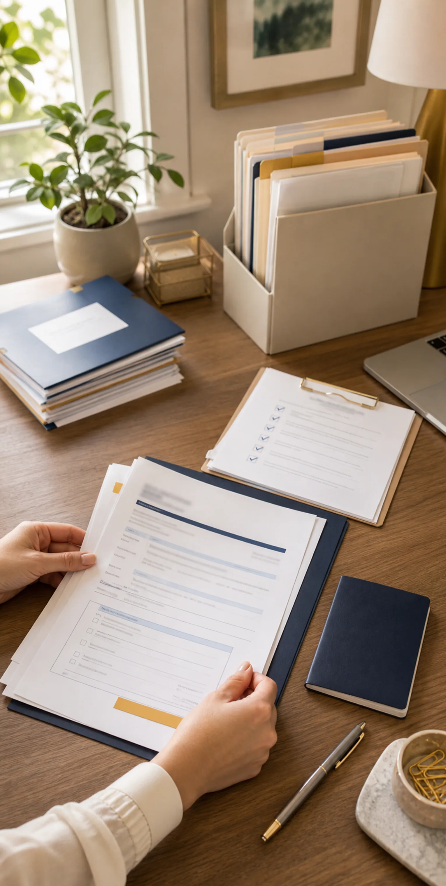 Organized immigration forms, document checklist, and supporting materials on a professional workspace
