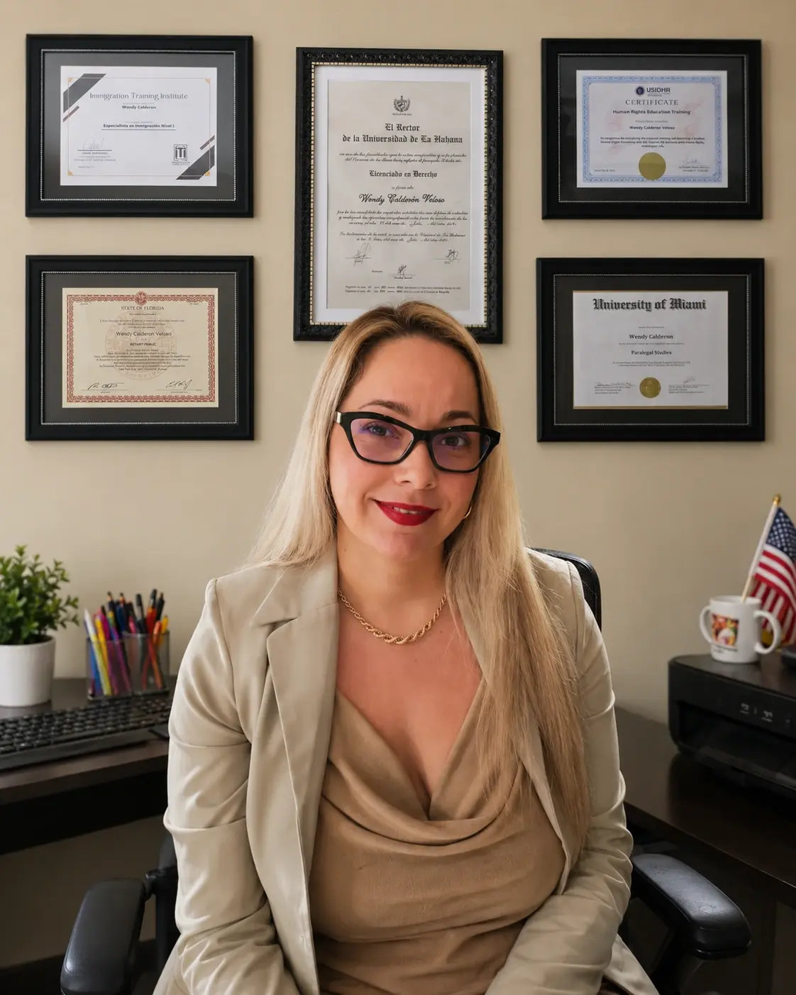 Wendy, a forms preparation specialist, in her office